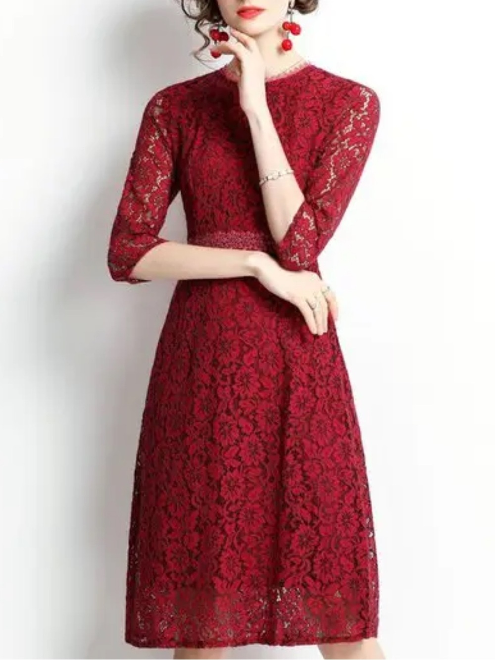 KAIMILAN Burgundy Floral Lace Sheath Midi Dress 3/4 Sleeve Size 8 NWT Cocktail
